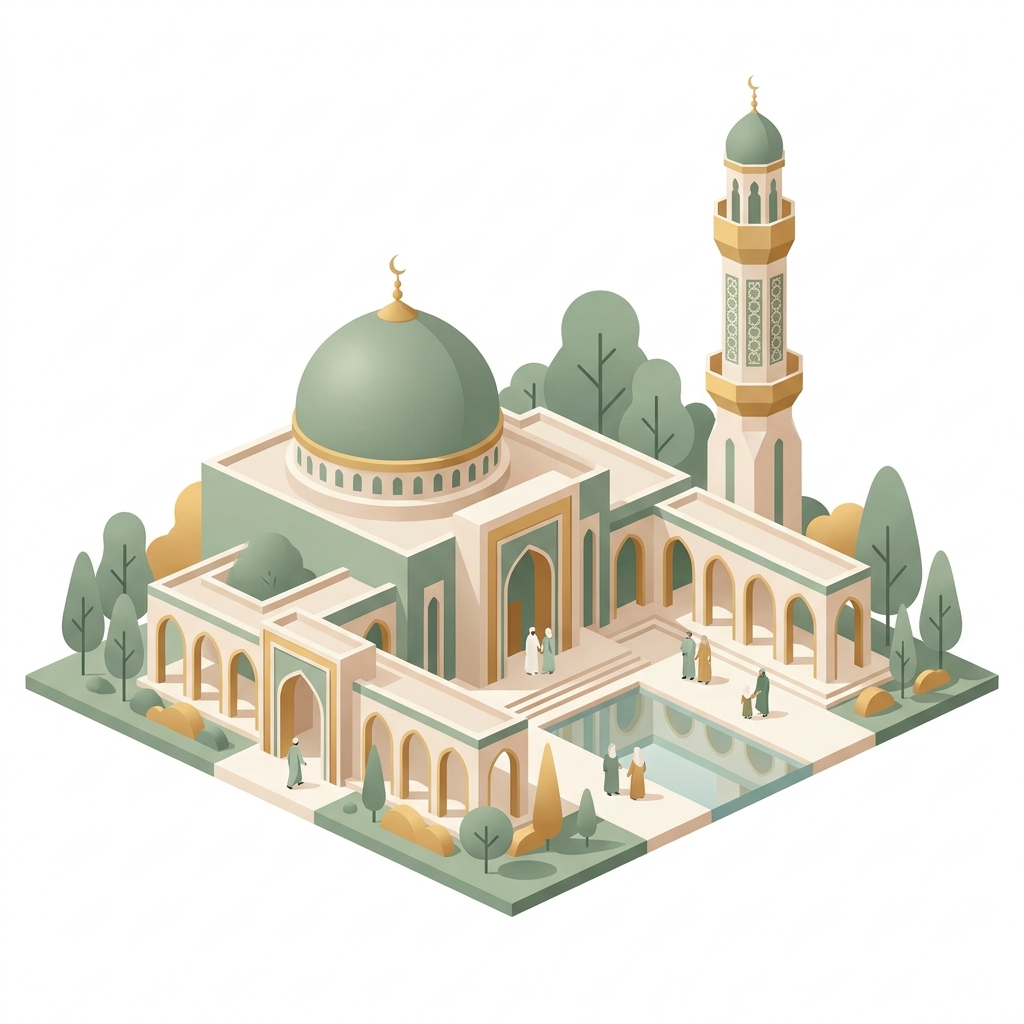Isometric illustration of a mosque with green dome, minaret, and courtyard